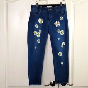 Dept 222 denim painted daisies raw hem elastic waist jeans size 8 mid rise
